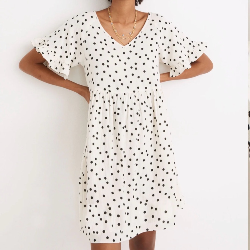 Madewell Lightspun Ruffle-Sleeve Babydoll Dress in Dot Toss Size Medium